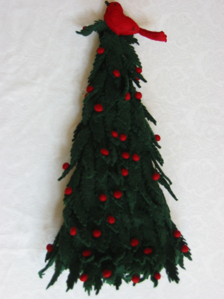 Mackenzie Childs LG Green Red Felt Tabletop Christmas Tree w Bird Pom