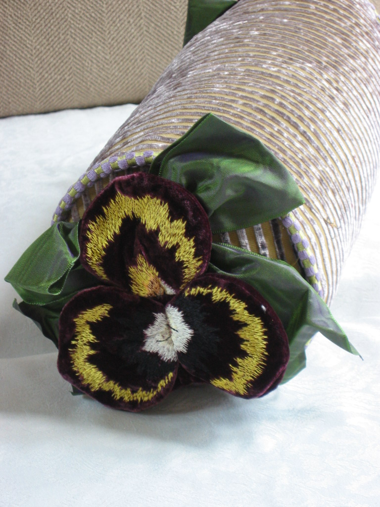 Mackenzie Childs VELVET PANSY STRIPE BOLSTER PILLOW NEW  